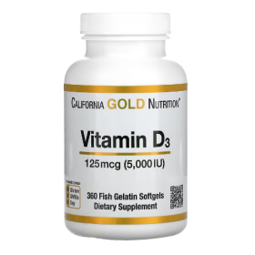 California Gold Nutrition, Vitamin D3, 125 mcg (5,000 IU), 360 Fish Gelatin Softgels